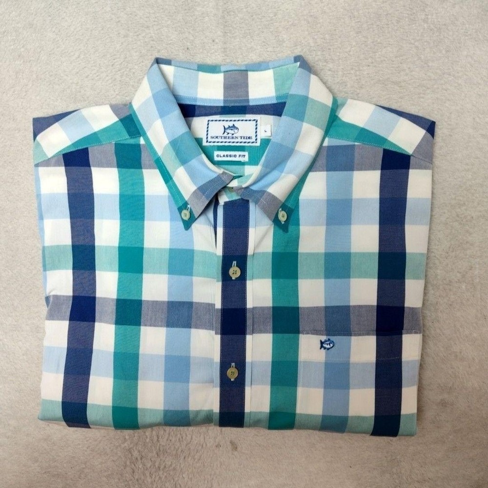 Southern Tide Shirt Mens L Blue Check Button-Up Cotton Embroidered Fish Work